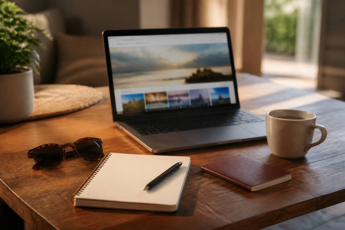 Laptop en reisbenodigdheden op tafel tijdens het vergelijken van vakanties
