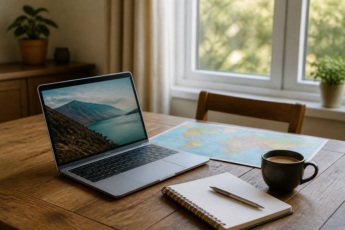 Vakantie plannen met laptop, notitieboek en kaart op tafel