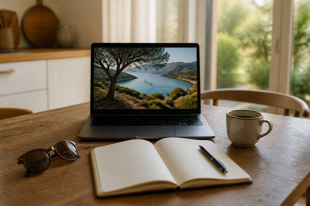 Notitieboek en laptop op tafel tijdens het plannen van een vakantie