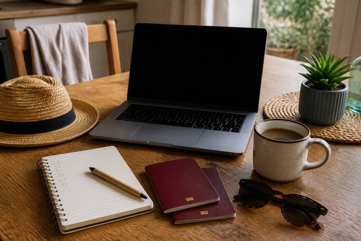 Vakantie plannen met laptop, notitieboekje en reisdocumenten op tafel