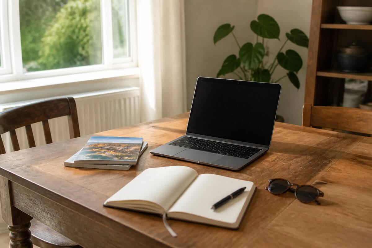 Reiziger vergelijkt vakantieopties aan tafel met laptop en notitieboek
