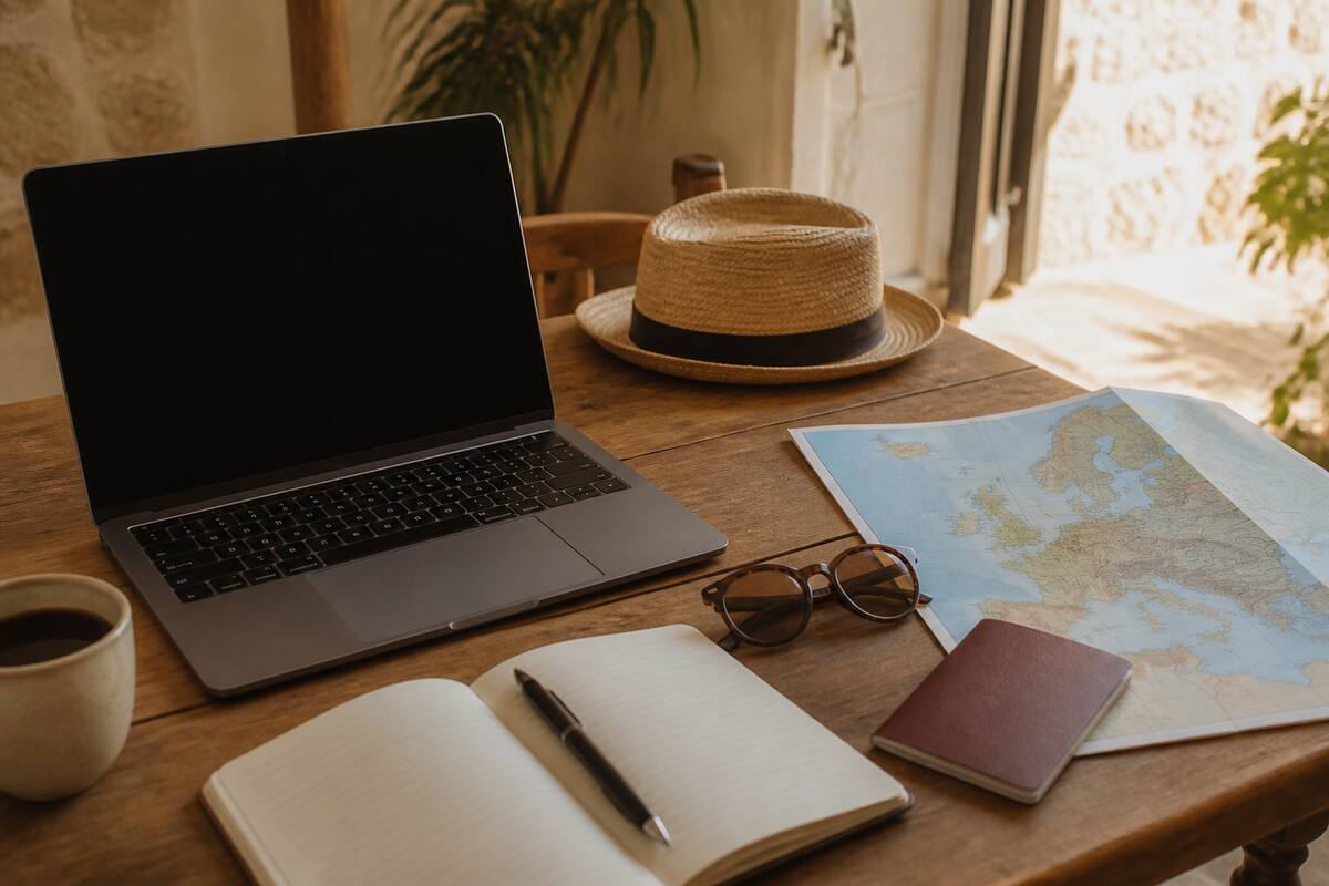 Laptop en reisnotities op tafel tijdens het vergelijken van vakanties