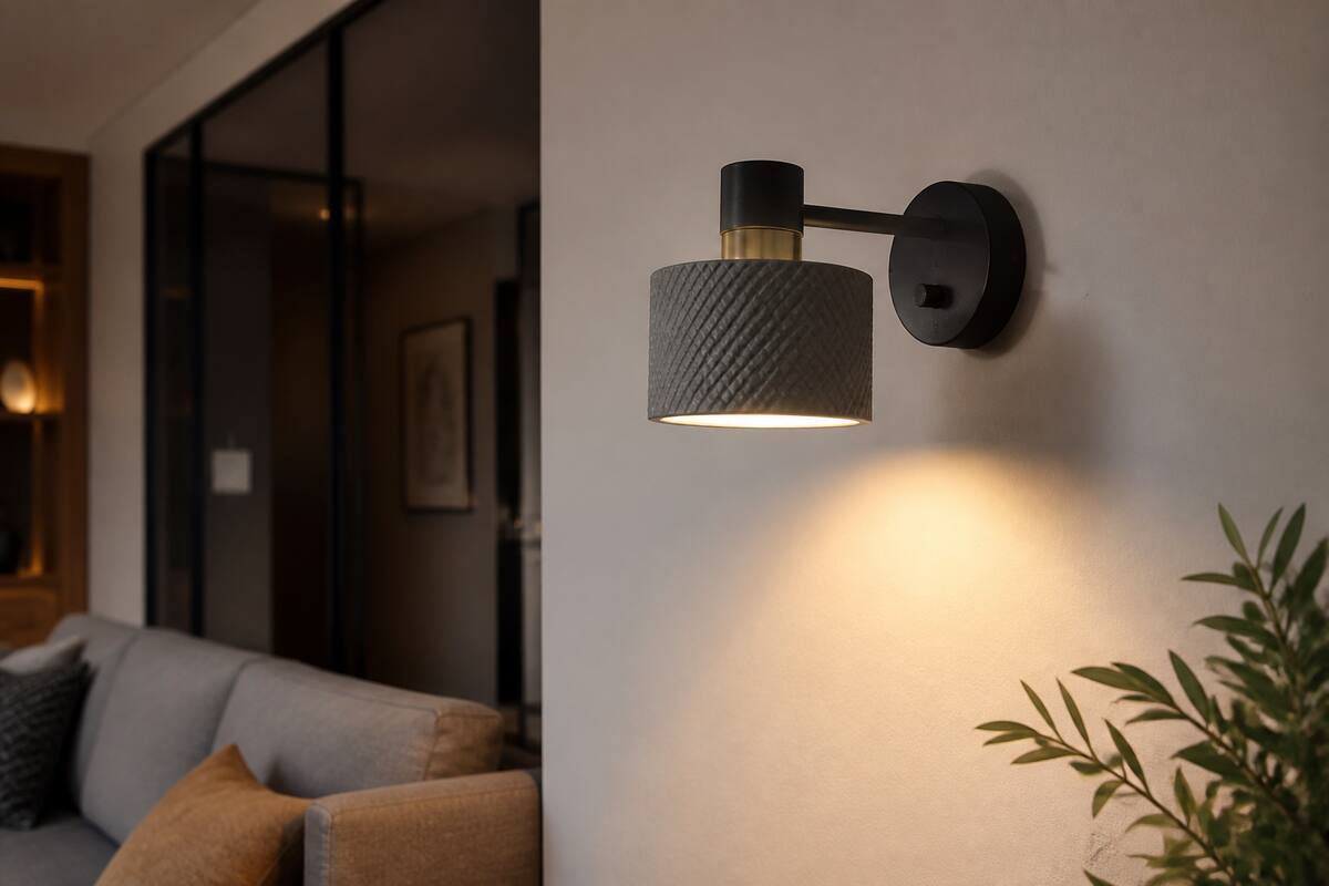 Moderne wandlamp aan de muur met warm sfeervol licht in een woonkamer