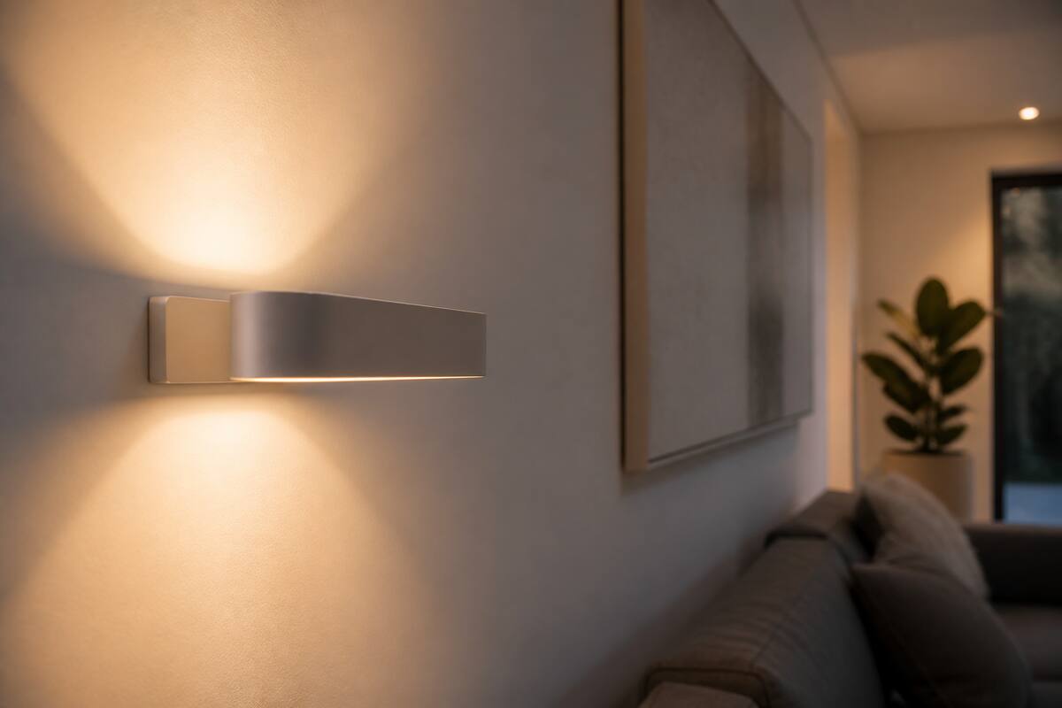 Wandlamp met warm indirect licht op de muur in een moderne woonkamer