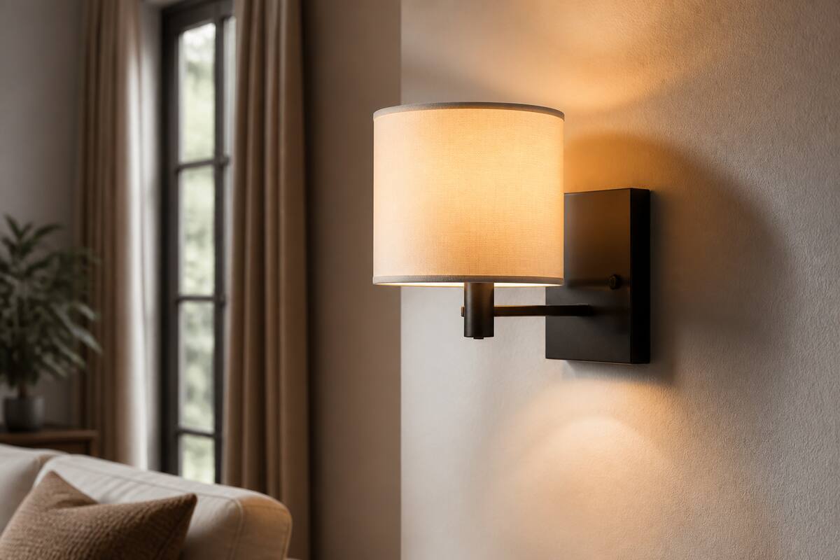 Wandlamp met warm lichtbeeld op een neutrale muur in een woonkamer
