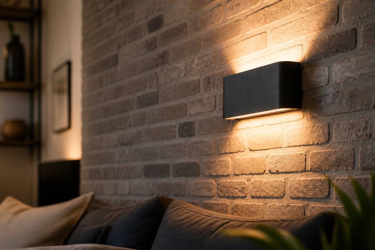 Wandlamp met warm indirect licht op een bakstenen muur in een woonkamer