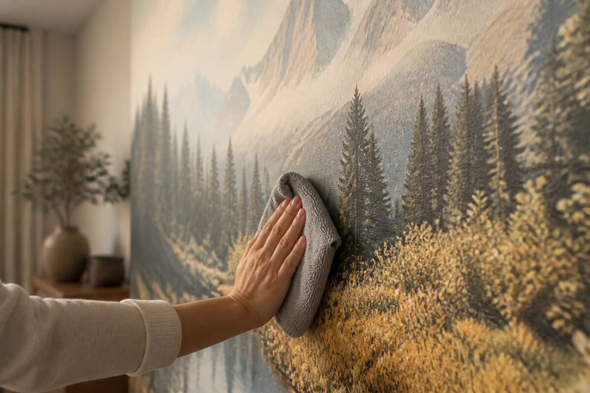 Iemand die fotobehang voorzichtig schoonmaakt met een zachte microvezeldoek