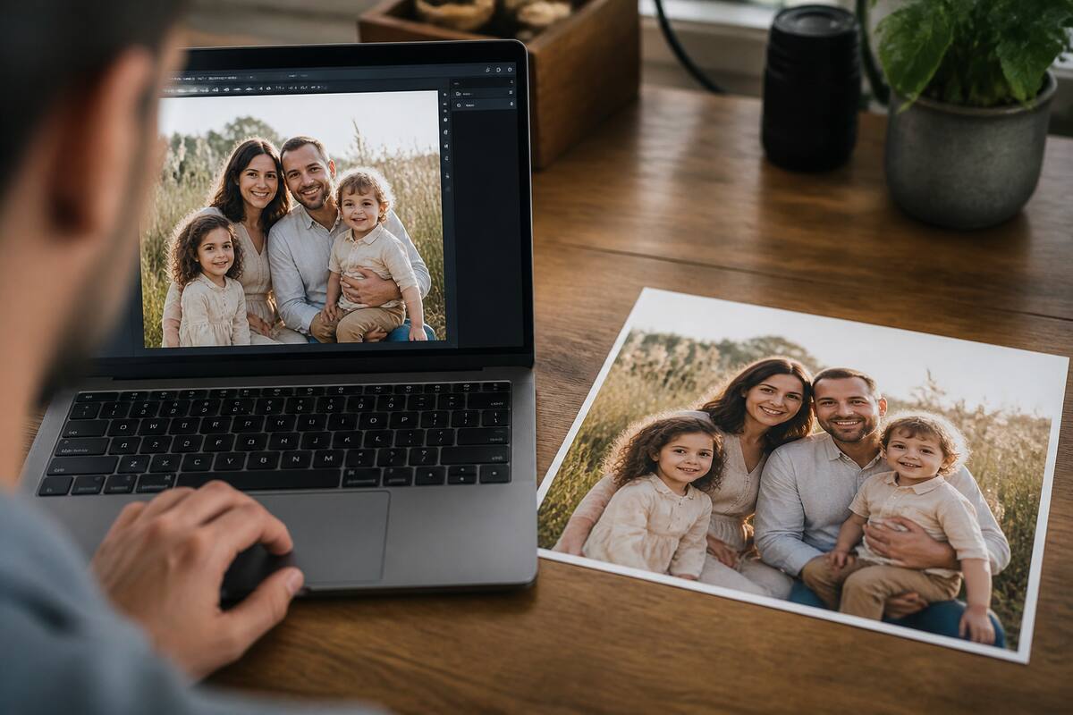 Persoon bekijkt een fotoprintvoorbeeld op een laptop naast een fotoafdruk op fotopapier