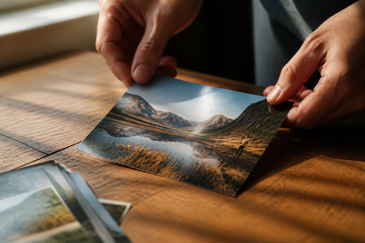Een realistische close-up van een pas geprinte foto op een houten tafel bij daglicht
