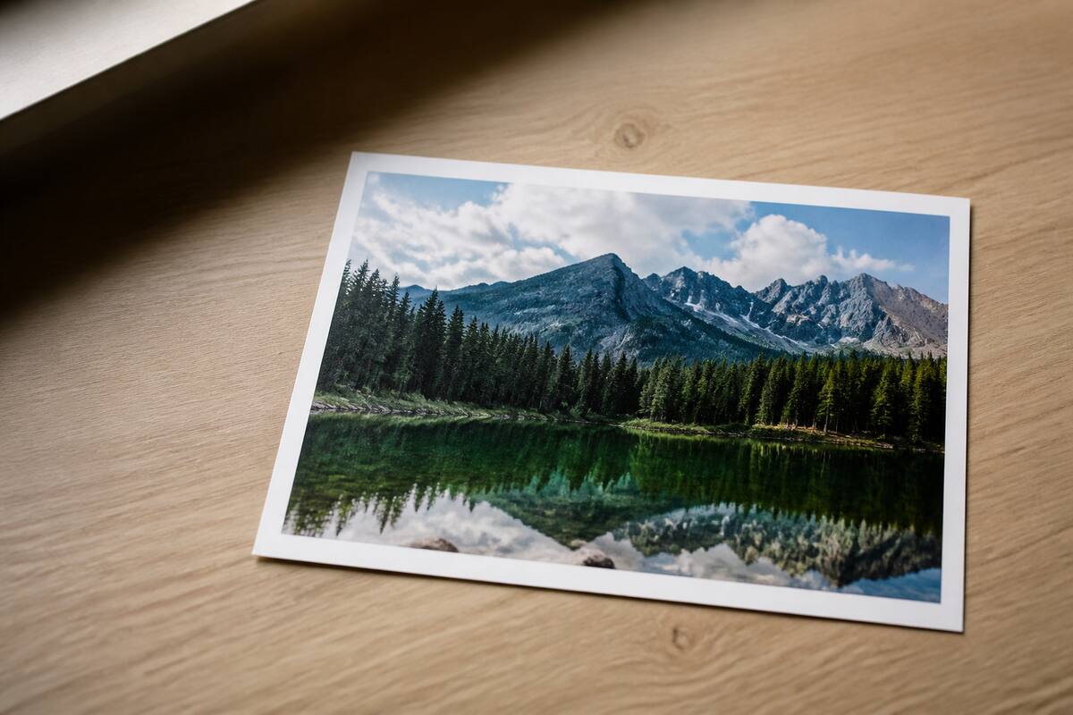 Een realistische close-up van een afgedrukte foto op mat fotopapier onder natuurlijk licht