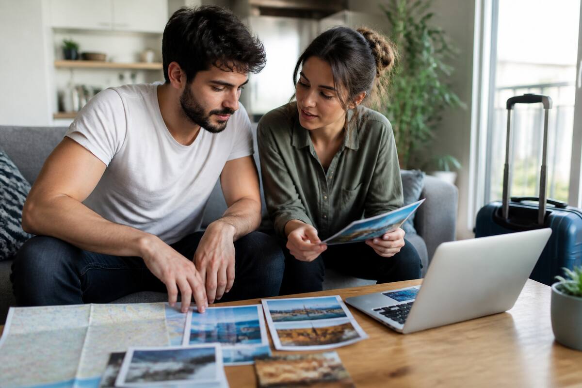 Reizigers die vakantie-opties vergelijken op een laptop en reisbrochures op tafel