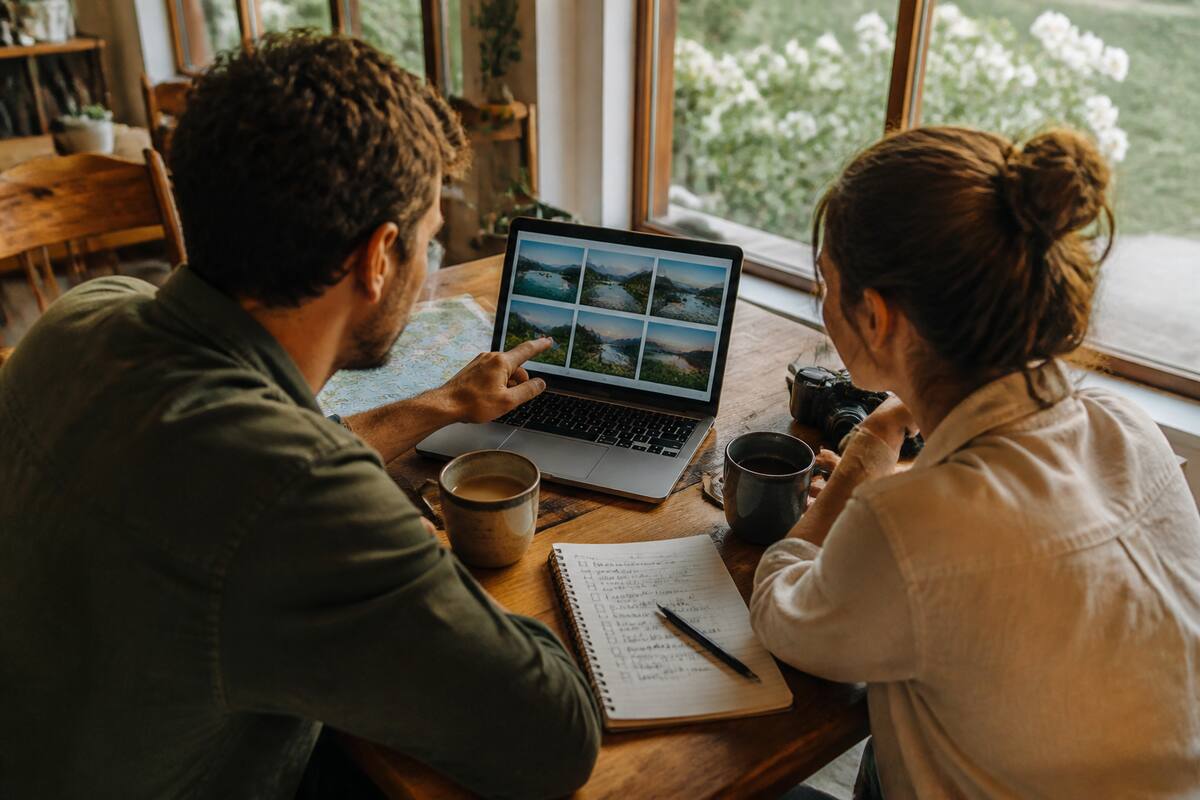 Koppel dat vakanties vergelijkt op een laptop met checklist-notities en uitzicht aan een raam