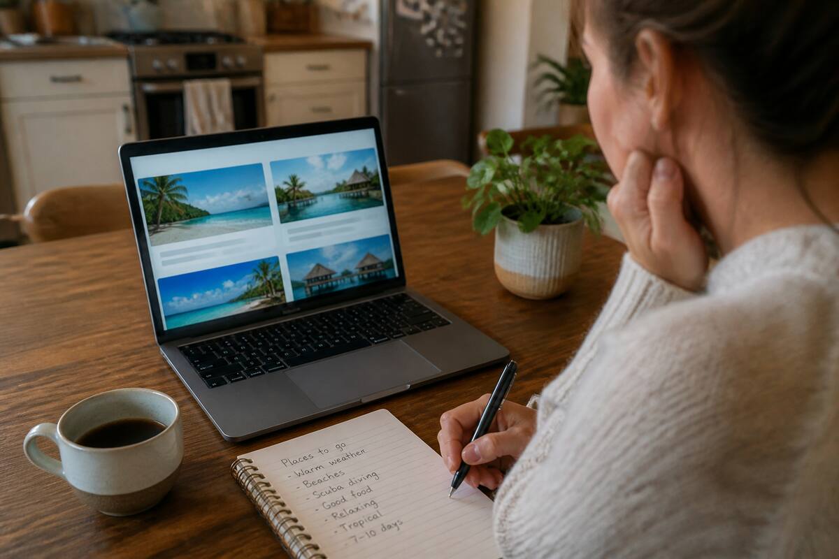 Iemand vergelijkt reisopties op een laptop aan een keukentafel met notities