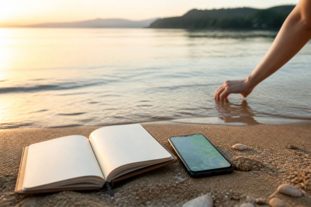 Vakantie inspiratie en vergelijken met een notitieboekje en smartphone bij het strand