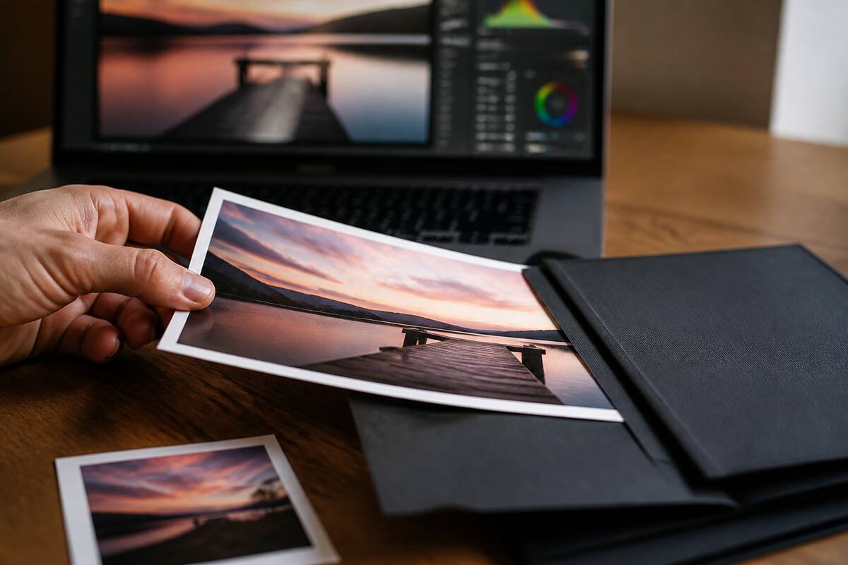 Hand die een proefafdruk bekijkt naast een laptop en fotobewerkingsmateriaal
